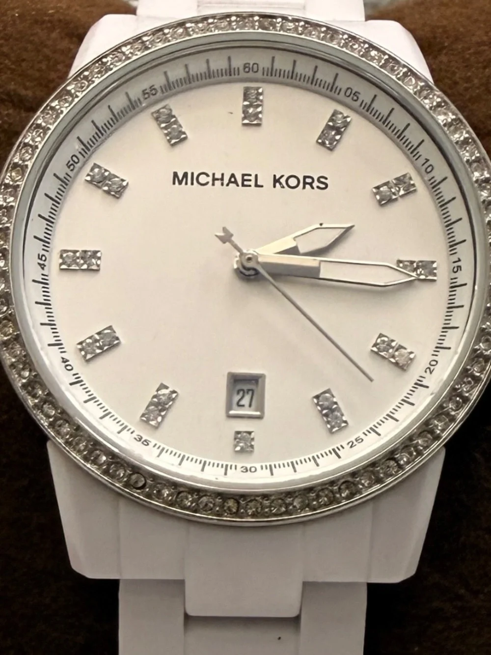 Michael Kors White Mother Of Pearl Rhinestone Resin Metal Link Wrist Watch #8